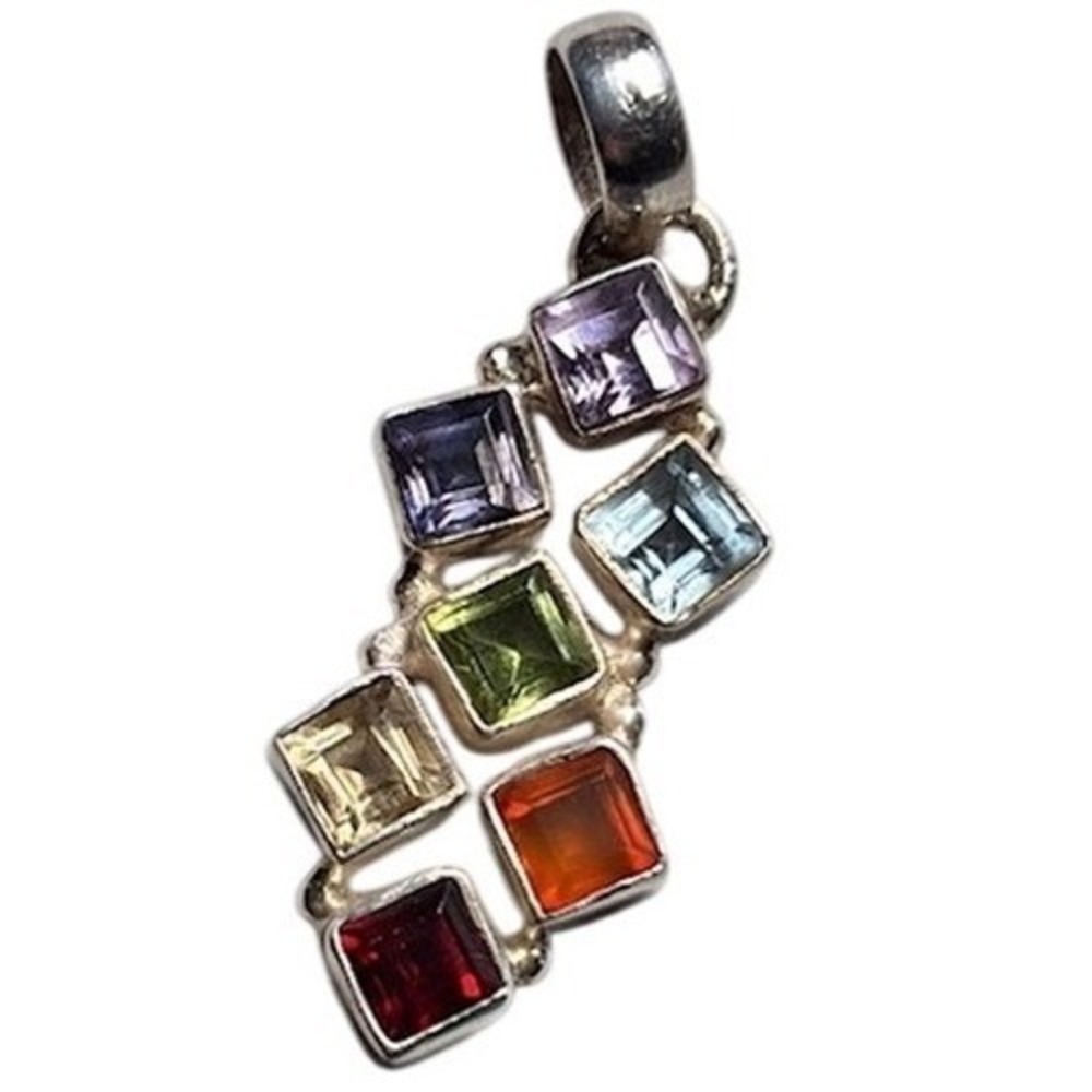 925 Sterling Silver Multi Gemstone Chakra Square Cut Pendant 3.67g